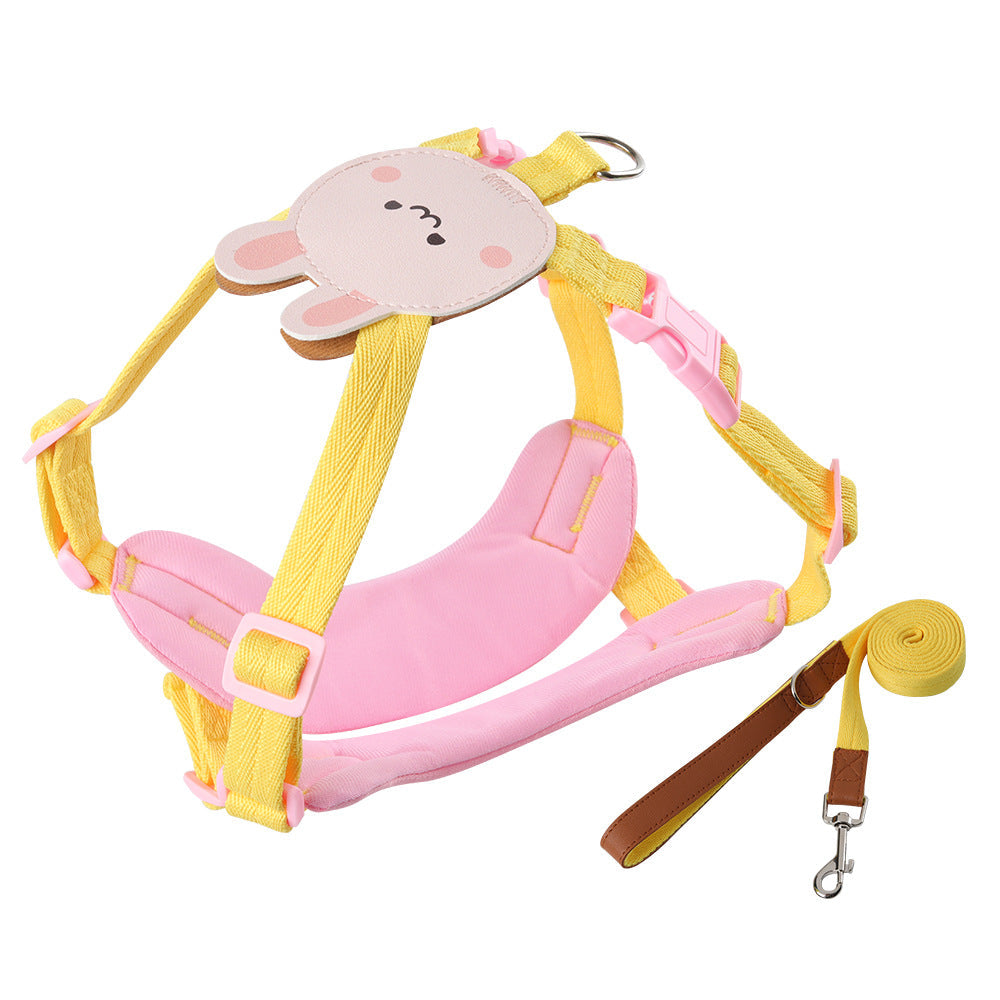 HKM-2774077 Small Dog Chest Strap with Traction Rope - Available in Pink, Beige, Yellow, and Blue. Sizes S, M, L.