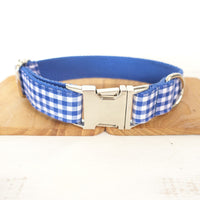 HKM-2774589 Adjustable Blue Plaid Dog Collar and Leash Set with Bow Tie - Handmade, Comfortable Fit for All Sizes