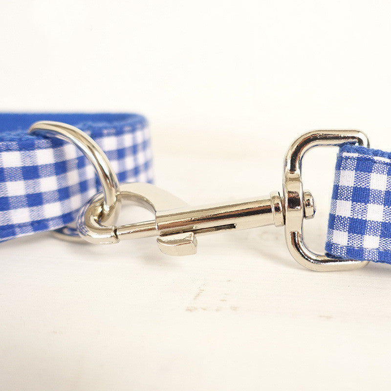 HKM-2774589 Adjustable Blue Plaid Dog Collar and Leash Set with Bow Tie - Handmade, Comfortable Fit for All Sizes