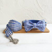 HKM-2774589 Adjustable Blue Plaid Dog Collar and Leash Set with Bow Tie - Handmade, Comfortable Fit for All Sizes