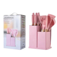 HKM-277459 19-Piece Non-Stick Kitchen Utensil Set with Wooden Handles and Essential Cooking Tools