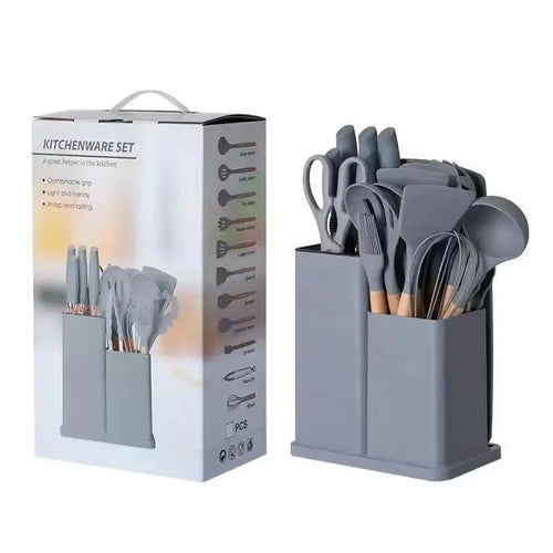 HKM-277459 19-Piece Non-Stick Kitchen Utensil Set with Wooden Handles and Essential Cooking Tools