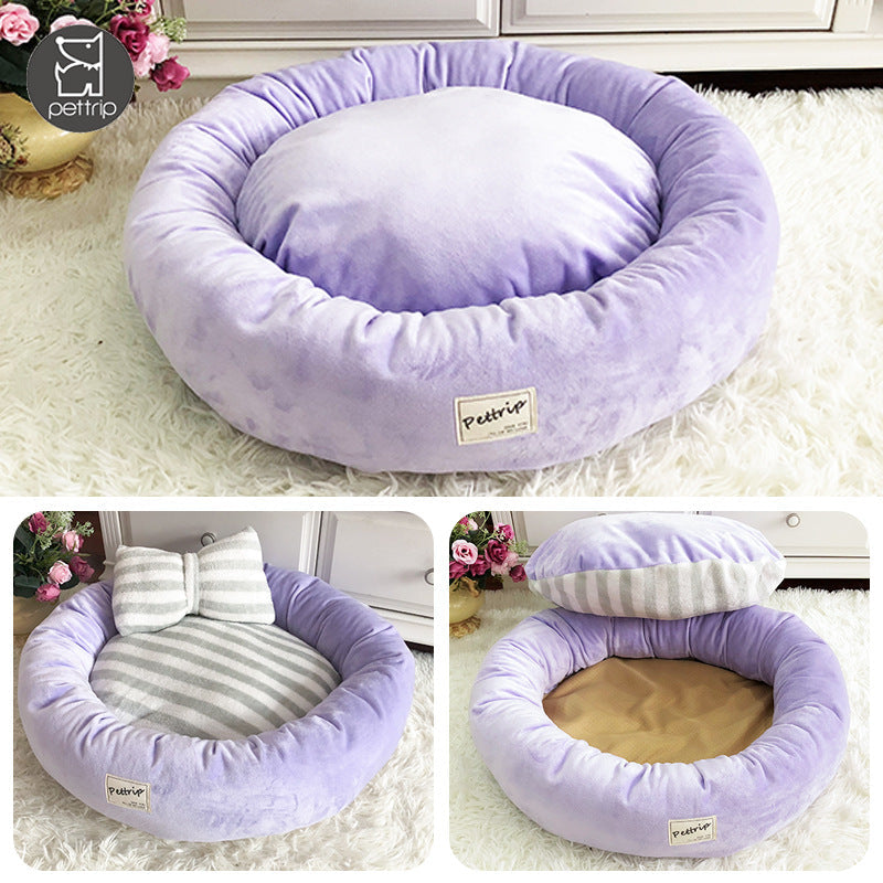 HKM-2774845 Cozy Crystal Velvet Round Pet Kennel with Pillow - Available in Blue, Pink, Purple