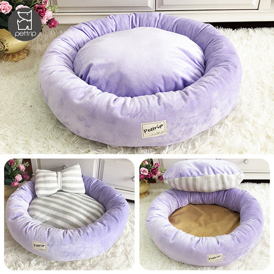 HKM-2774845 Cozy Crystal Velvet Round Pet Kennel with Pillow - Available in Blue, Pink, Purple