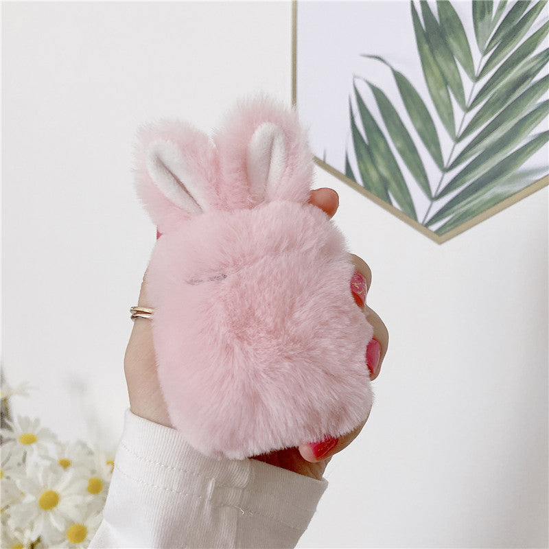 HKM-278099 Cute Pink Rabbit Plush Protective Cover for AirPods Pro and 1/2 Generation - Soft Silicone Shell for Wireless Headset