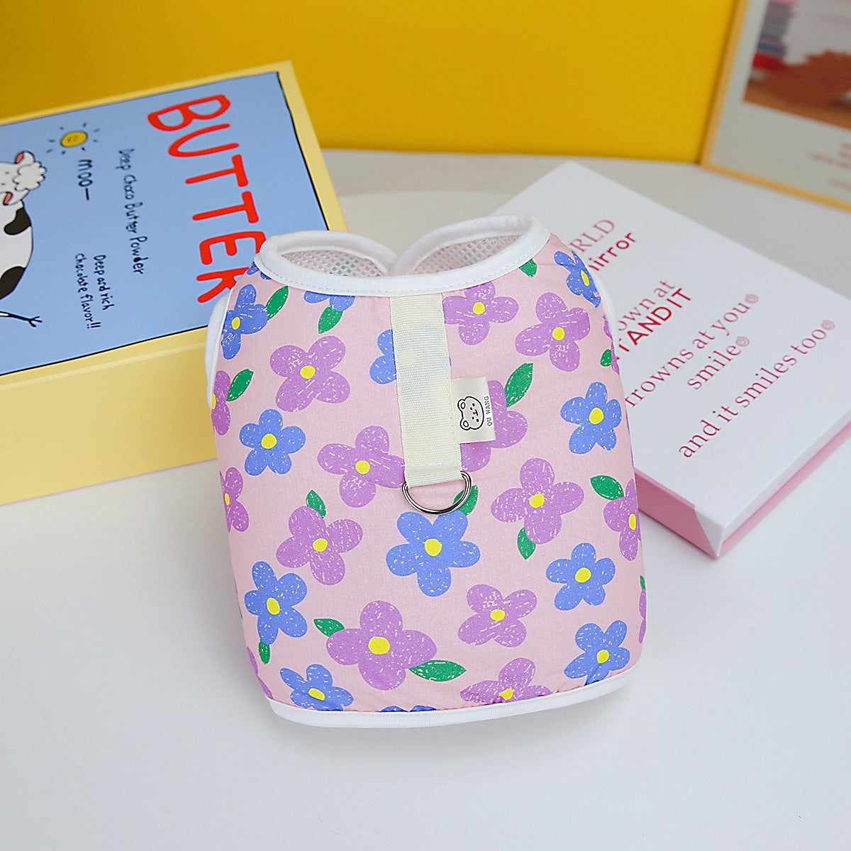 HKM-2781117 Chest and Back Traction Vest for Dogs with Lead Rope - Cotton and Floral Design in Light Blue, Light Yellow, and Pink