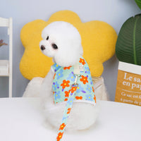 HKM-2781117 Chest and Back Traction Vest for Dogs with Lead Rope - Cotton and Floral Design in Light Blue, Light Yellow, and Pink