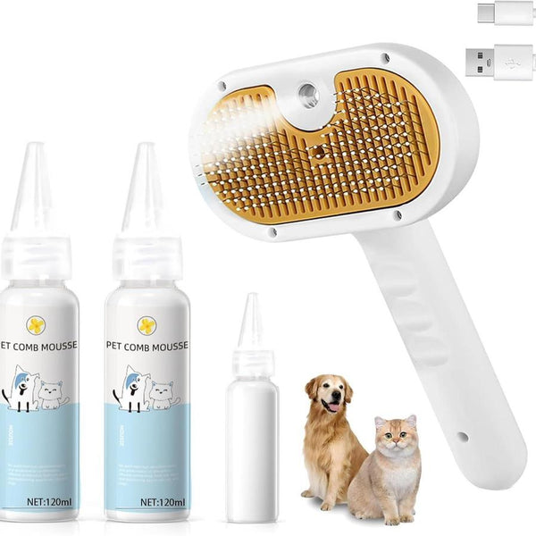HKM-278803 3-in-1 Pet Steam Brush with Waterless Shampoo and Ear Wipes for Cats and Dogs