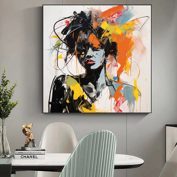 HKM-278995 Hand-Painted Modern Graffiti Portrait Oil Painting on Canvas for Home and Cafe Decor