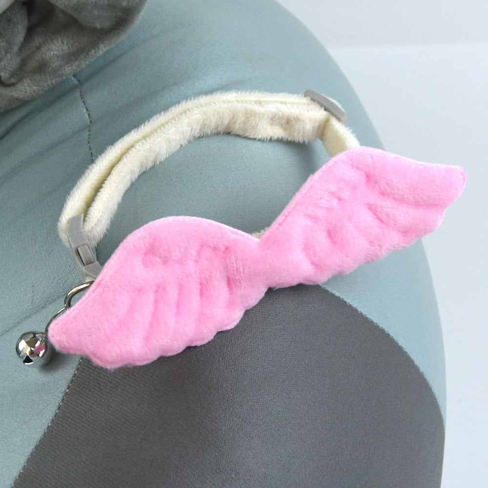 HKM-2794045 Cat Angel Wings Collar with Bell - Solid Color, Adjustable Polyester Design, White & Pink