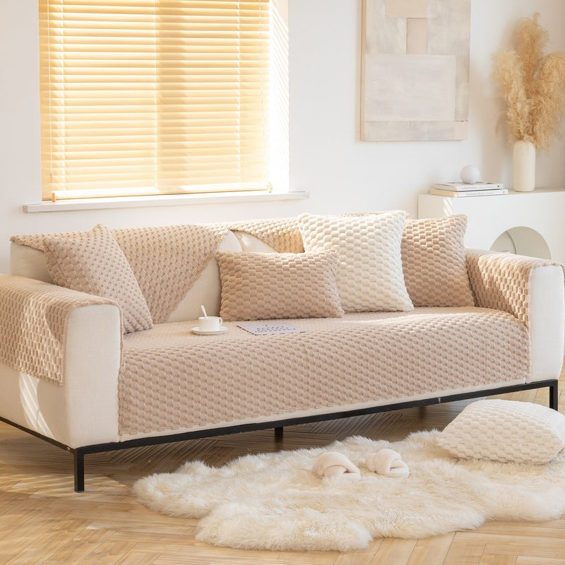 HKM-279955 Cozy Thickened Honeycomb Velvet Sofa Cushion - Dustproof Non-slip Cover in Flannel