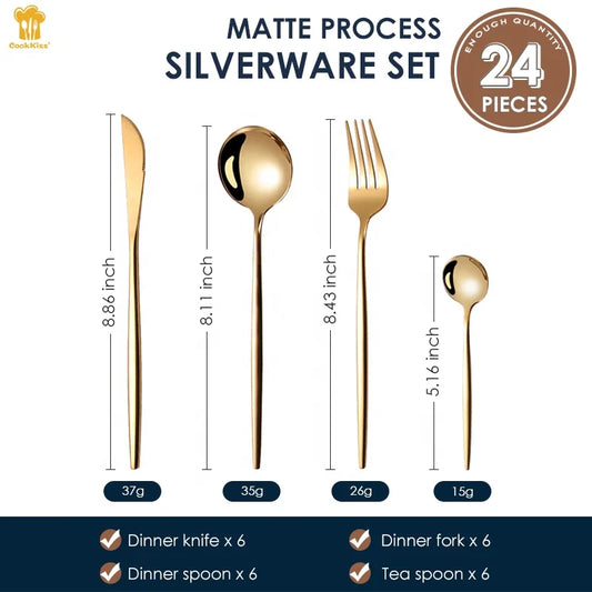 HKM-280083 24-Piece Gold Stainless Steel Flatware Set with Gift Box for Parties and Weddings