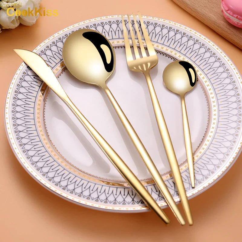 HKM-280083 24-Piece Gold Stainless Steel Flatware Set with Gift Box for Parties and Weddings