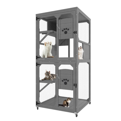 HKM-2805437 Outdoor Cat Enclosure with Window Access, 4-Tier Cat House on Wheels, Waterproof Roof, Large Space for Multiple Cats