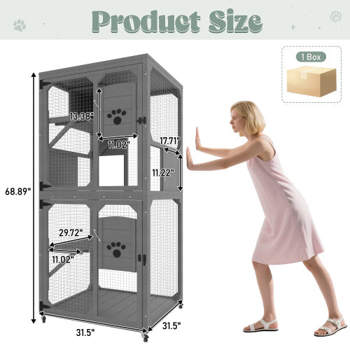 HKM-2805437 Outdoor Cat Enclosure with Window Access, 4-Tier Cat House on Wheels, Waterproof Roof, Large Space for Multiple Cats