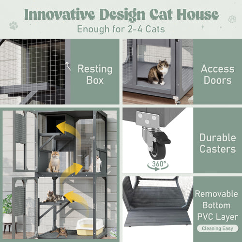 HKM-2805437 Outdoor Cat Enclosure with Window Access, 4-Tier Cat House on Wheels, Waterproof Roof, Large Space for Multiple Cats