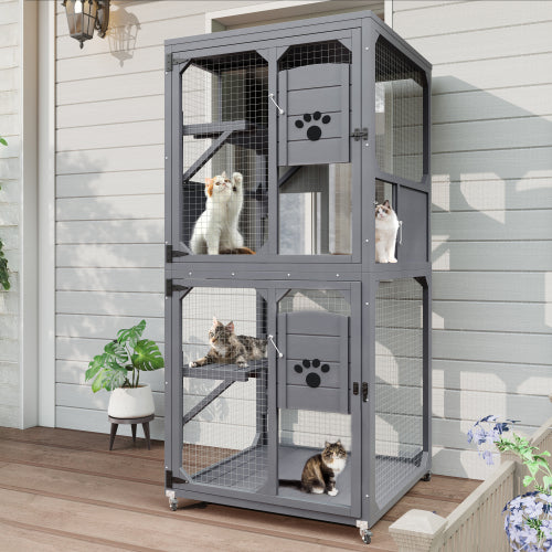 HKM-2805437 Outdoor Cat Enclosure with Window Access, 4-Tier Cat House on Wheels, Waterproof Roof, Large Space for Multiple Cats