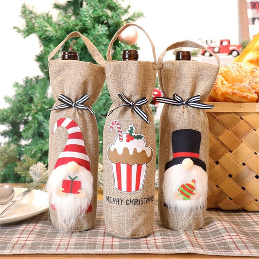 HKM-280659 Portable Wine Bottle Bag in Top Hat, Nordic, and Cake Styles - Polyester Cover for Christmas Decor