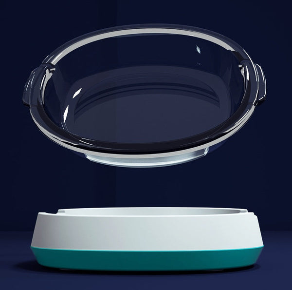 HKM-2807741 Stylish Glass Pet Bowl with ABS Base - 160ml Water, 100g Grain Capacity, 16cm x 13.5cm x 4cm