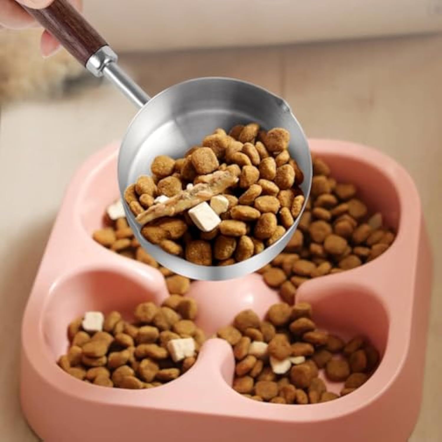HKM-2811325 Stainless Steel Dog Food Scoop with Wooden Handle for Accurate Measuring
