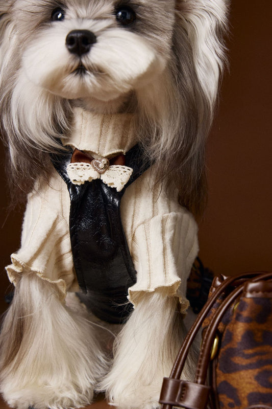 HKM-2812093 Casual Lace Bow Bottoming Shirt for Small Dogs - Coffee and Beige, Multiple Sizes Available