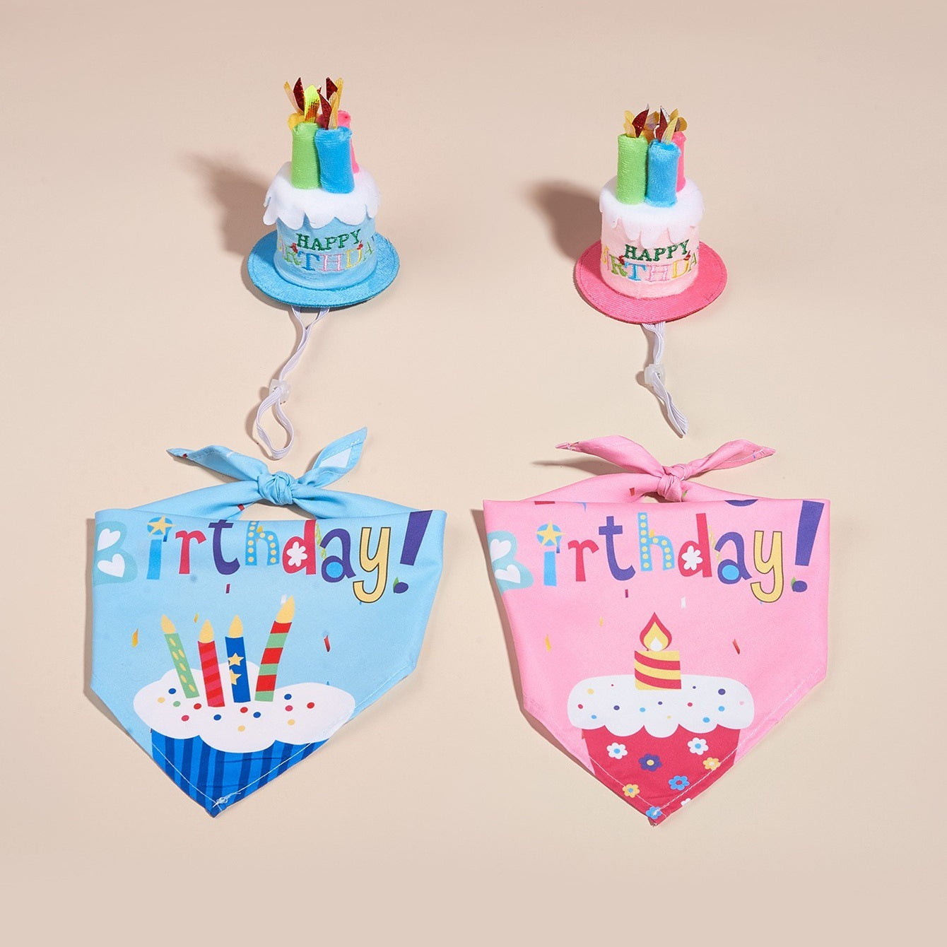 HKM-2812349 Creative Printing Dog Birthday Hat and Drool Towel Accessories Set - Triangular Binder with Cartoon Patterns in Blue and Pink