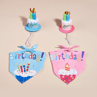 HKM-2812349 Creative Printing Dog Birthday Hat and Drool Towel Accessories Set - Triangular Binder with Cartoon Patterns in Blue and Pink