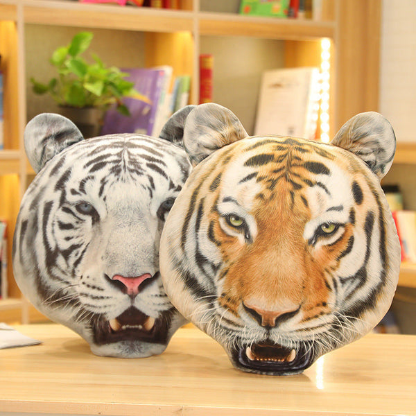 HKM-281491 Tiger Head Plush Toy Pillow - Yellow & White Short Plush, 45x40cm