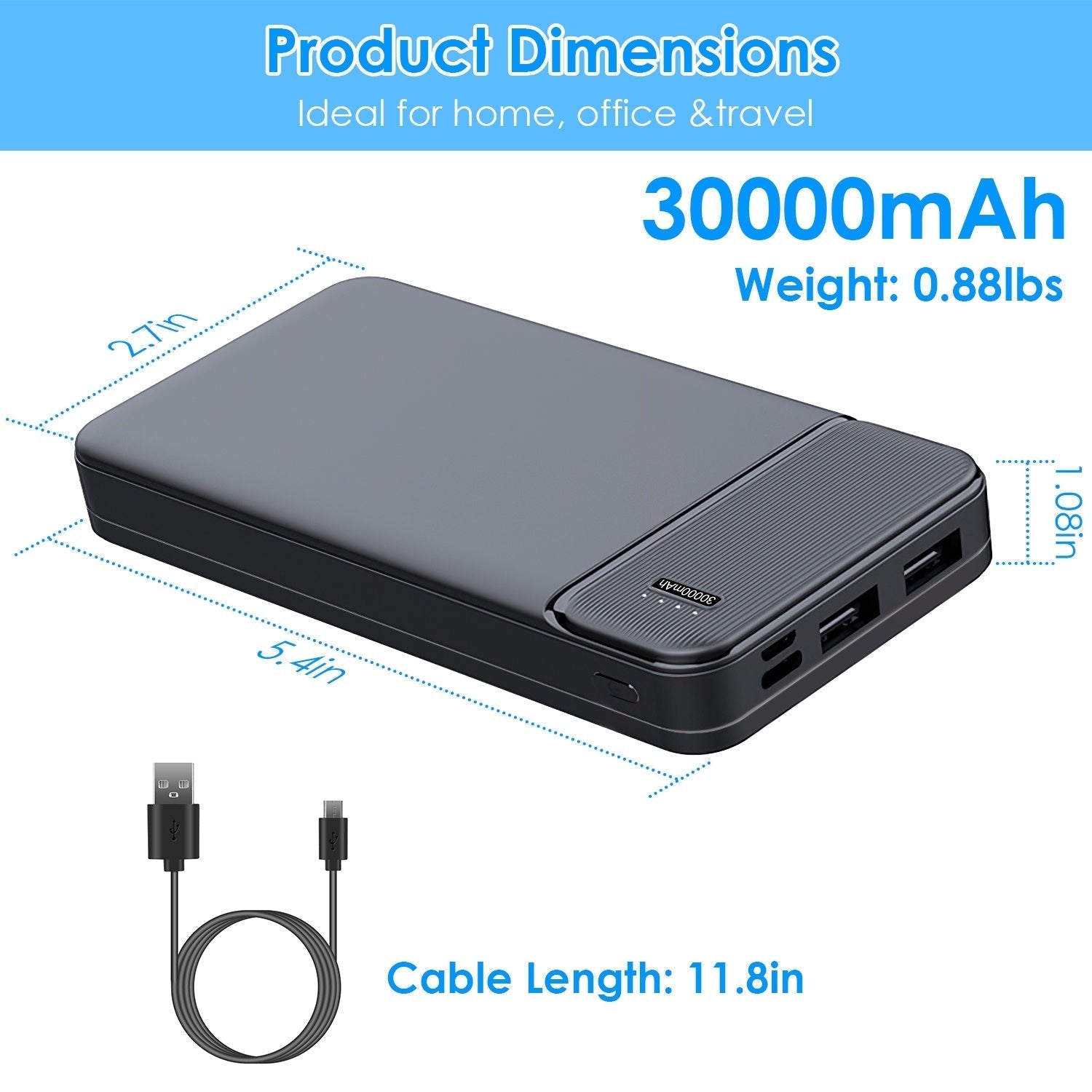 HKM-281747 Fast Charging Portable Power Bank 10000mAh/20000mAh/30000mAh with USB Cable for iOS 15/14/13 and More