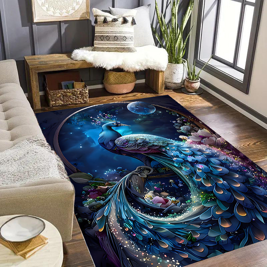 HKM-282259 Blue Peacock Non-slip Absorbent Carpet Mat for Living Room - Available in Various Sizes