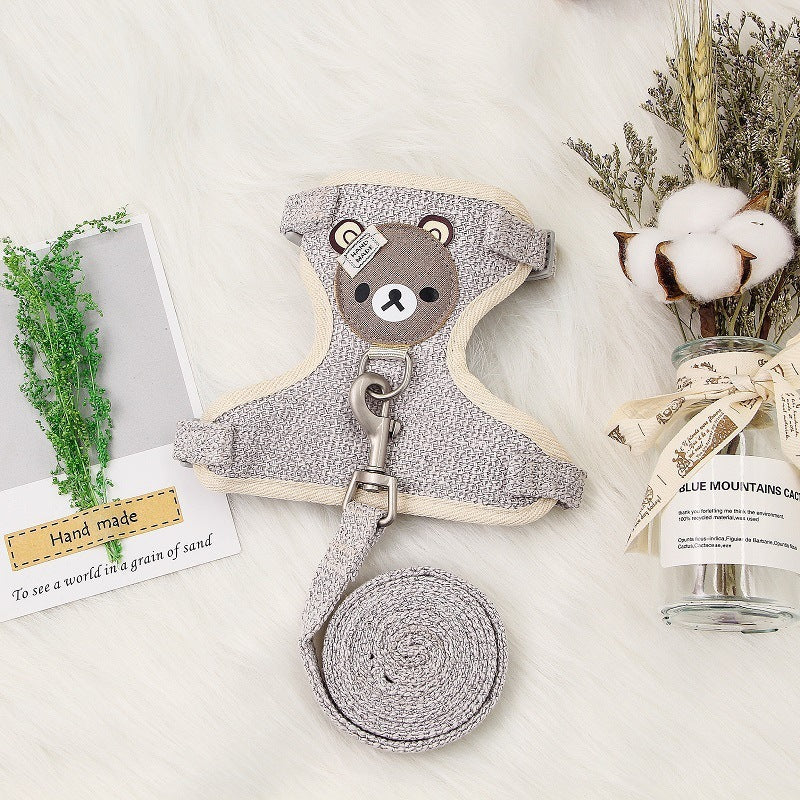 HKM-2822845 Small Pet Rope Vest with Cartoon Bear Head Strap, Durable Polyester Cotton, Universal Fit for Dogs and Cats