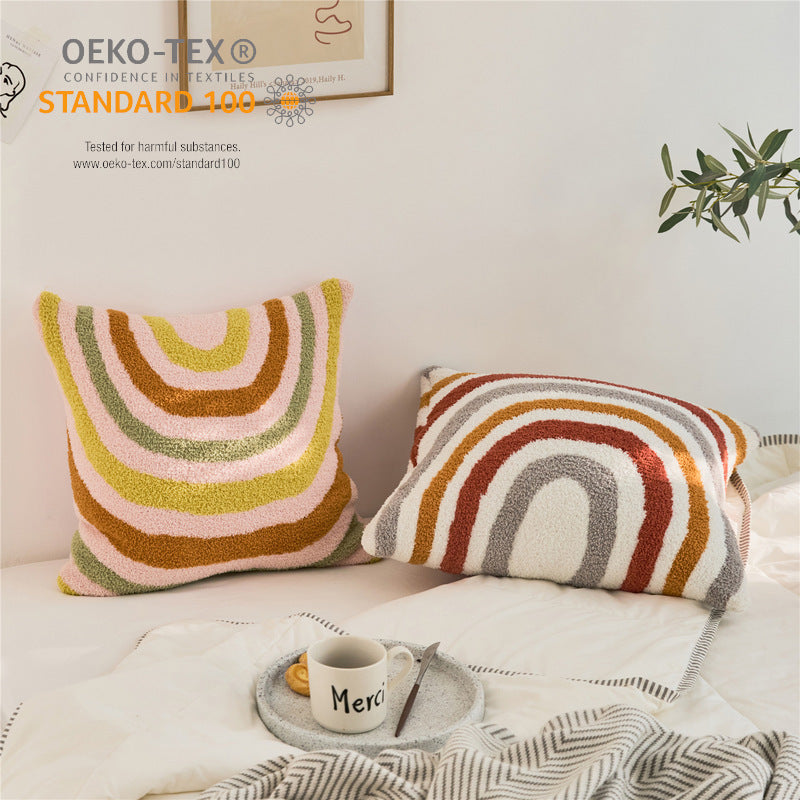 HKM-282323 Rainbow Knitted Cushion Cover – Pink and White 45x45CM Velvet Decorative Pillow