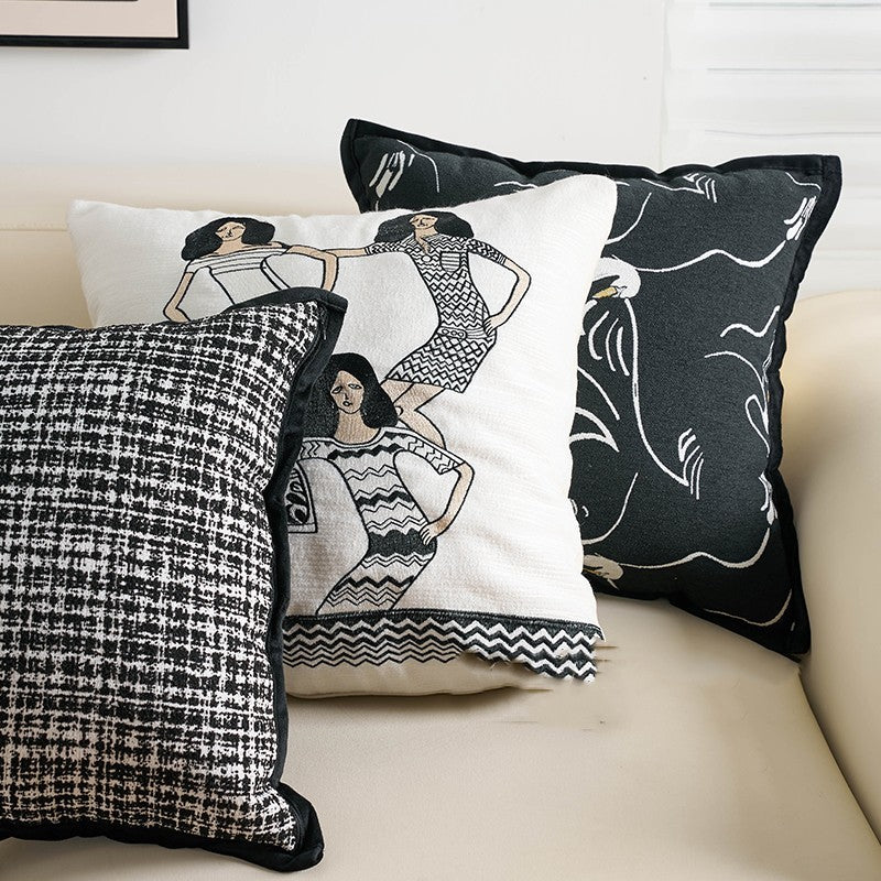 HKM-282643 Modern Chenille and Jacquard Sofa Pillow Cases in Black Swan, Kafuu Plaid, and Dai Girl Designs