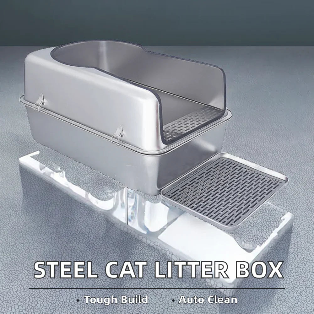 HKM-282643 Spacious Stainless Steel Cat Litter Box with 20L Inner Capacity and Easy-Clean Design