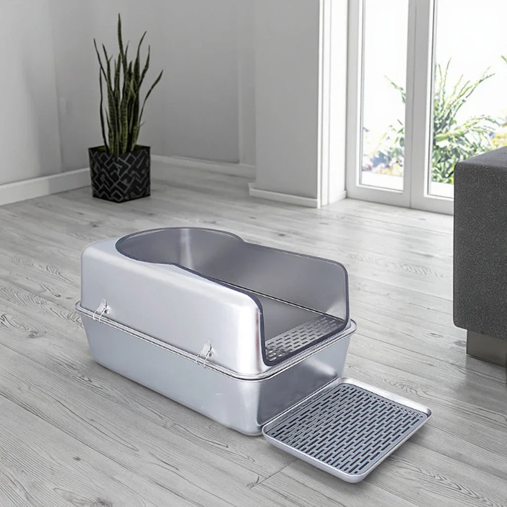 HKM-282643 Spacious Stainless Steel Cat Litter Box with 20L Inner Capacity and Easy-Clean Design