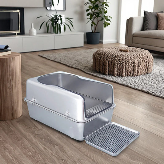 HKM-282643 Spacious Stainless Steel Cat Litter Box with 20L Inner Capacity and Easy-Clean Design