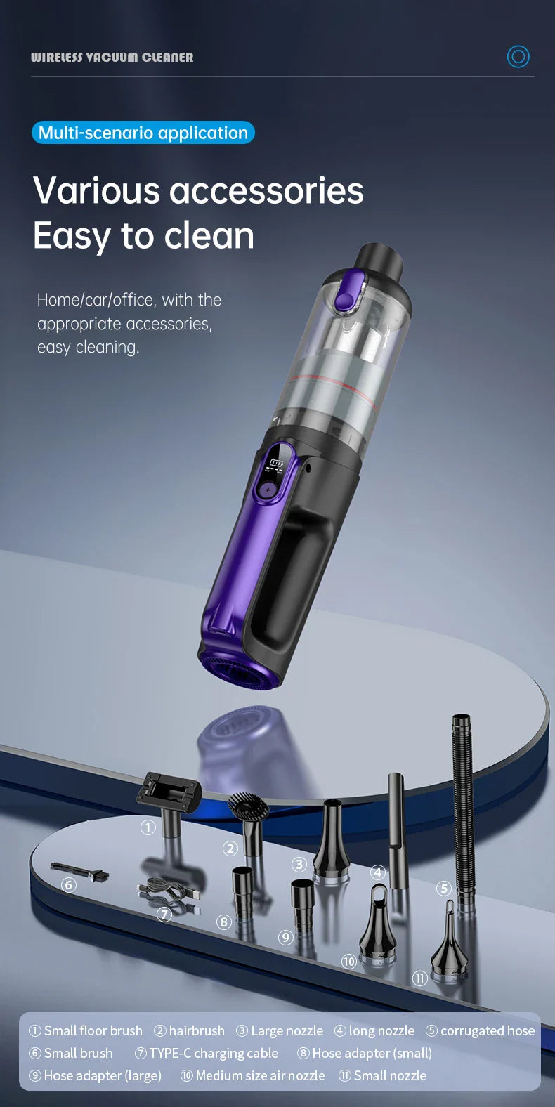 HKM-283091 High-Power Wireless Car Vacuum Cleaner with Digital Display and Tornado Cyclone Technology for Home and Automobile Use