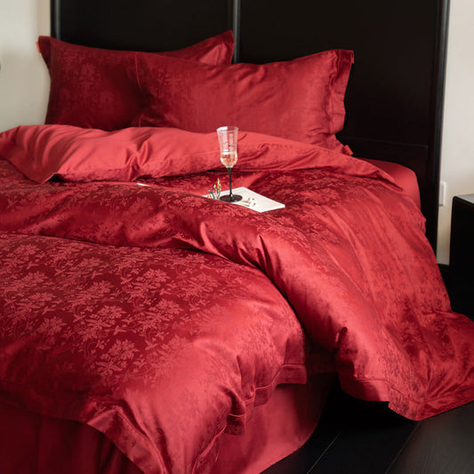 HKM-283155 Luxurious Cotton Jacquard Four-Piece Wedding Bedding Set with Floral Pattern