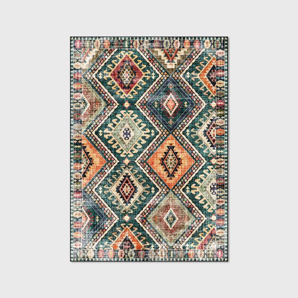 HKM-283283 Modern Geometric Green Rhombus Stitching Ethnic Style Area Carpet for Living Room and Home Use