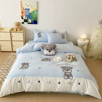 HKM-283347 Schnauzer Cartoon-Themed Cotton Bedding Set with Quilt Cover, Sheet, and Pillowcases