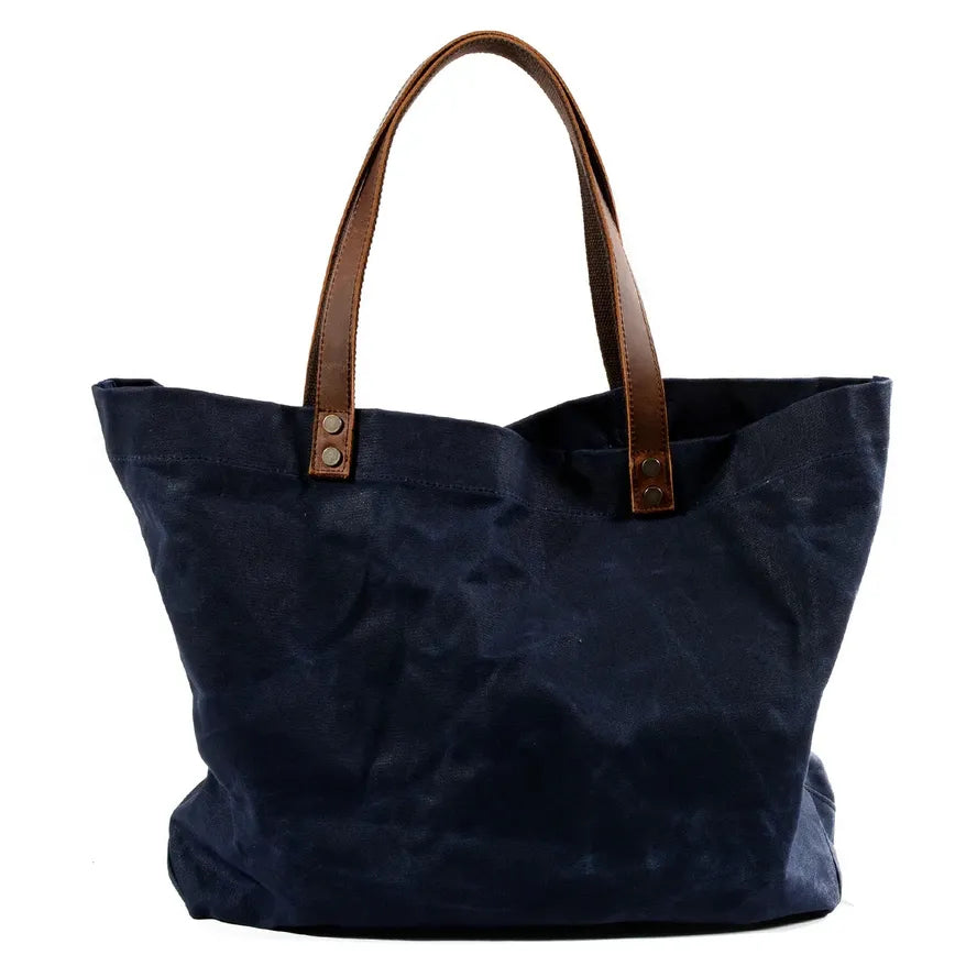 HKM-283411 Waterproof Wax Canvas Casual Shoulder Handbag with Cowhide Trim