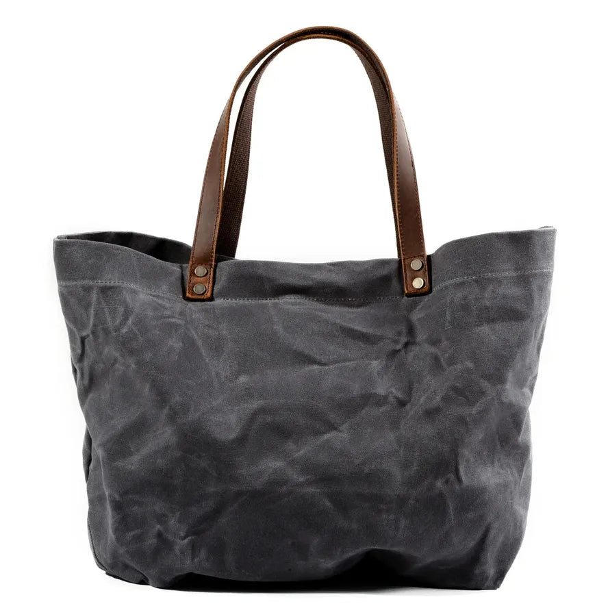 HKM-283411 Waterproof Wax Canvas Casual Shoulder Handbag with Cowhide Trim