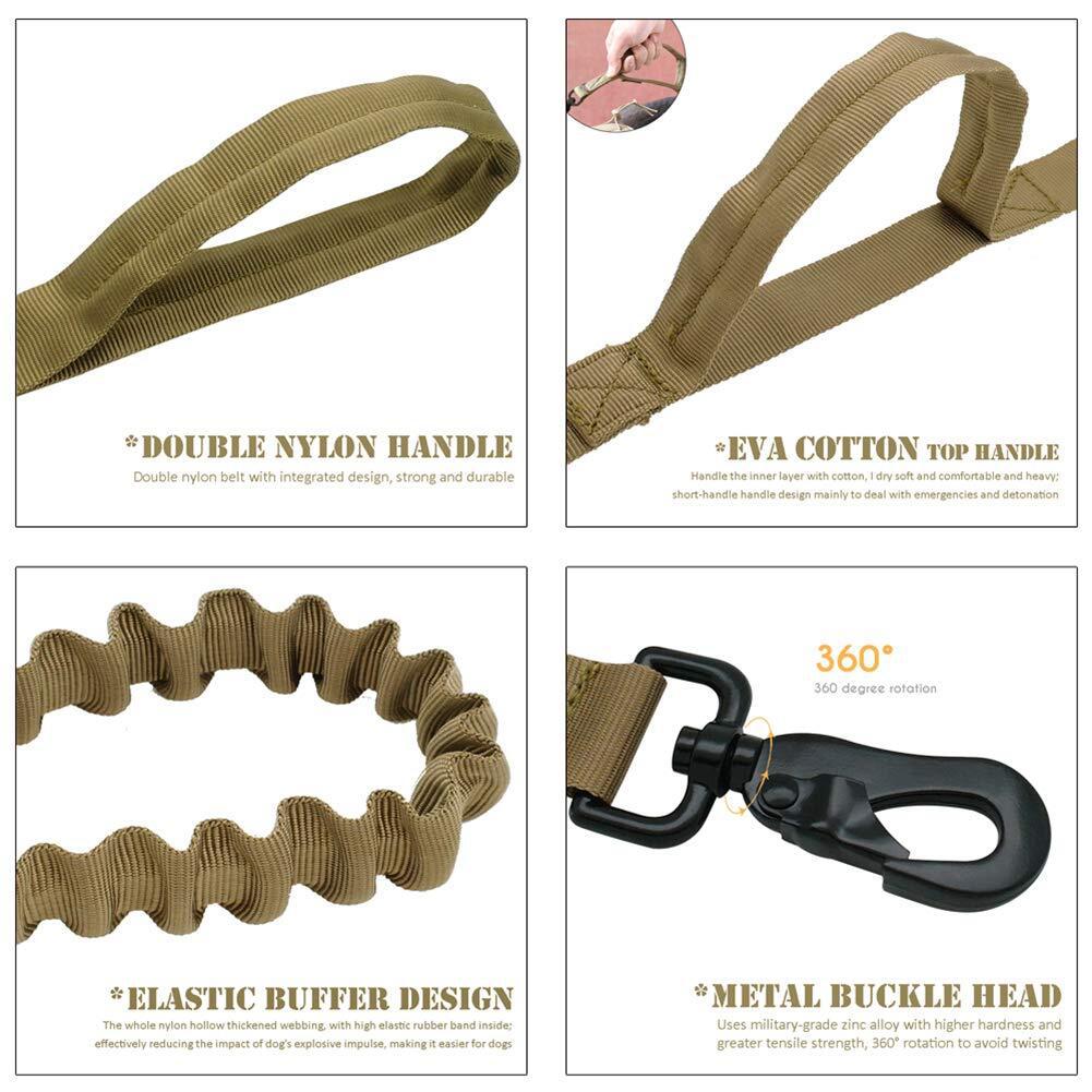 HKM-2834365 Tactical Elastic Dog Leash with Dual Control Handles for Training and Walking