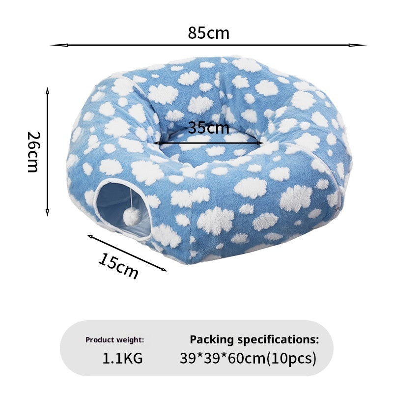HKM-2834621 Detachable S-Type Round Tunnel Cat Nest - Blue Sky and White Clouds Design