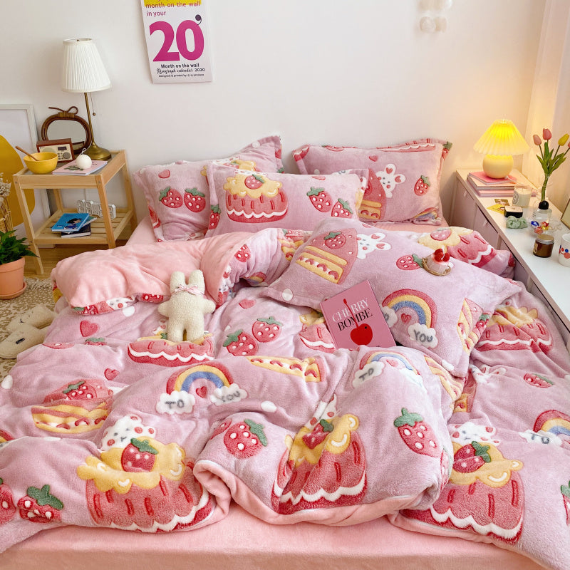 HKM-283667 Cozy Four-Piece Princess Heart and Snowflake Velvet Coral Bedding Set