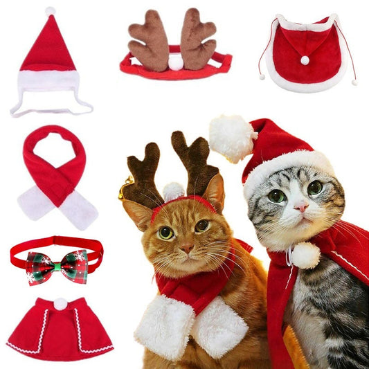 HKM-2838717 Christmas Pet Costume with Double-Sided Velvet Cloak, Hat, Scarf, and Hair Band - Warm and Stylish for Small to Large Pets