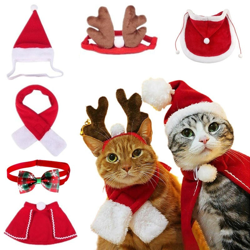 HKM-2838717 Christmas Pet Costume with Double-Sided Velvet Cloak, Hat, Scarf, and Hair Band - Warm and Stylish for Small to Large Pets
