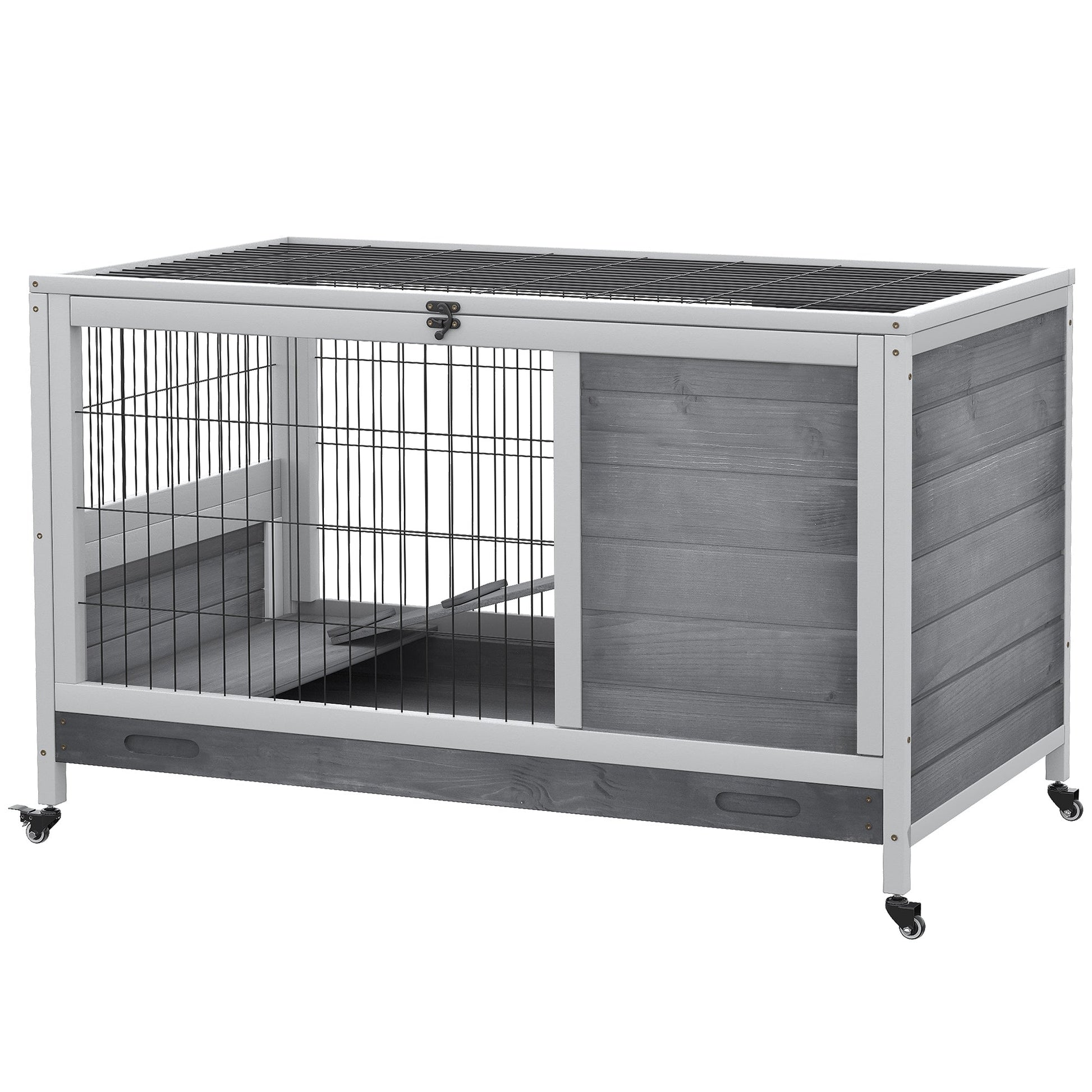 HKM-2843965 Indoor Wooden Rabbit and Guinea Pig Habitat with Enclosed Run and Wheels