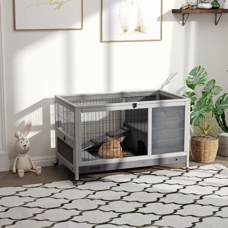 HKM-2843965 Indoor Wooden Rabbit and Guinea Pig Habitat with Enclosed Run and Wheels