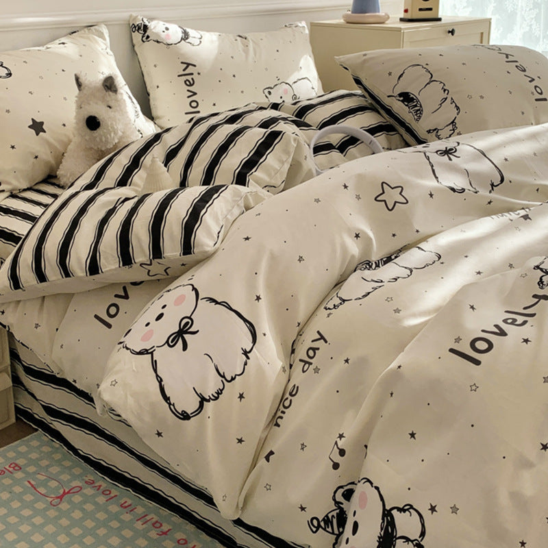 HKM-284499 Cartoon Dog Cotton Bedding Set - Four-Piece Quilt Cover and Sheet for Dormitory Beds